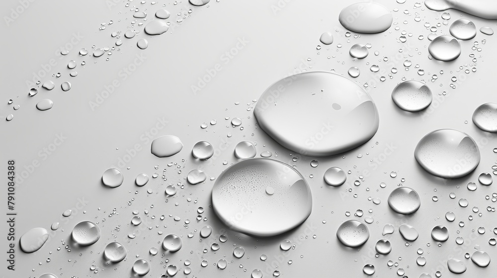   Numerous water droplets cover a white surface, with an abundance at its base
