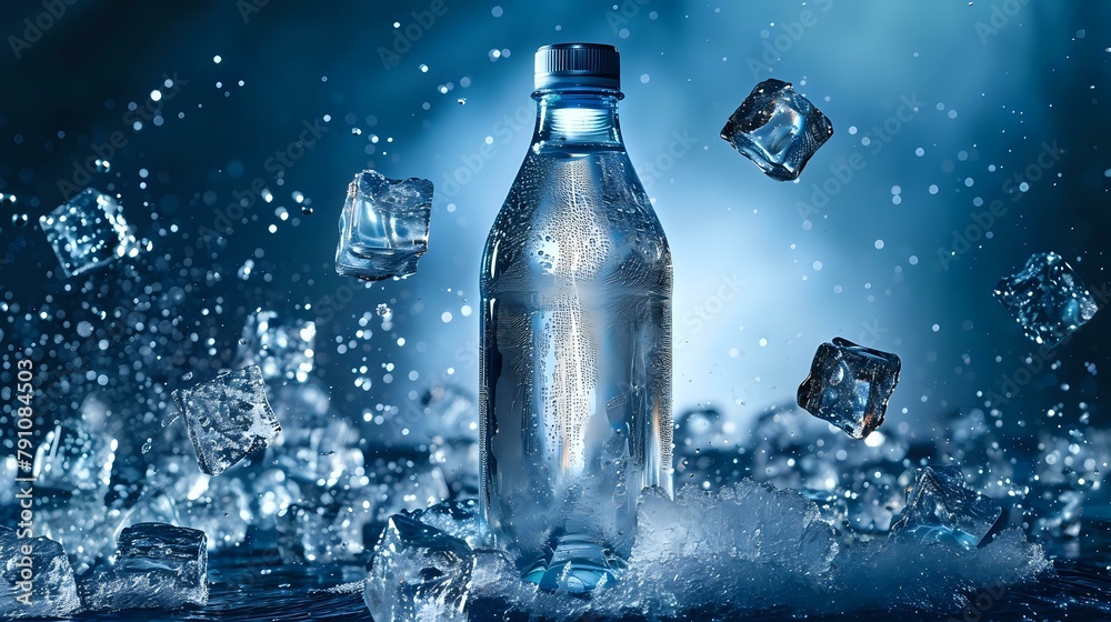 Cool Blue Elegance: Transparent Bottle with Vibrant Ice Cubes Cool Blue Elegance: Transparent Bottle with Vibrant Ice Cubes