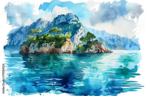 Watercolor painting of an island in the middle of the sea.