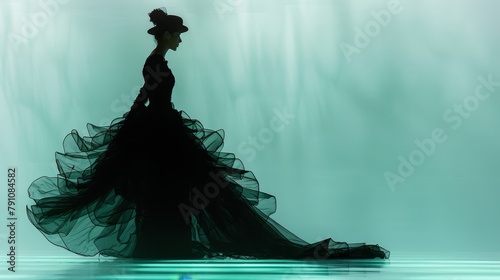  A woman in a long black dress faces away from the camera, submerged up to her waist in the water The wind rustles her dress, billowing it out behind her
