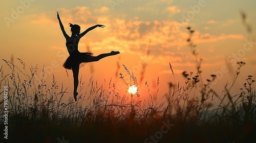  A silhouetted ballerina in a field of tall grass Sun sets in the distance