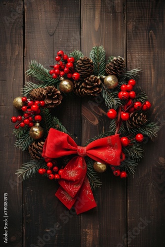 Festive Christmas Wreath Adorned With Red Berries and Golden Baubles Against a Wooden Background