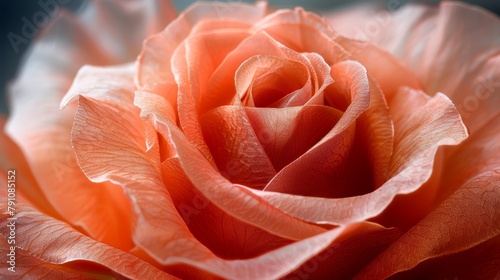   Close-up of an orange rose with dew on its petals and a softly blurred background