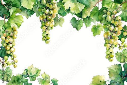 Watercolor illustration frame Grape leaves and grapes on a white background.