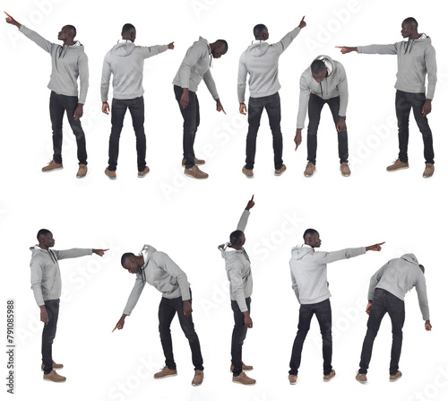 view of a group of same man pointing fingers everywhere on white background