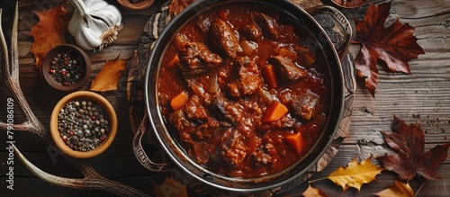 Copper pot containing venison goulash stew with seasoning bowls on a wooden surface, surrounded by deer antlers and leaves.