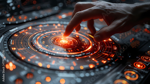 An intricate digital interface with glowing elements and a human finger poised to interact, symbolizing innovative technology and futuristic concepts 