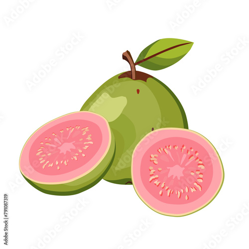 juicy green pink cut guava with leaves. Isolated vector summer fruit on white background for design