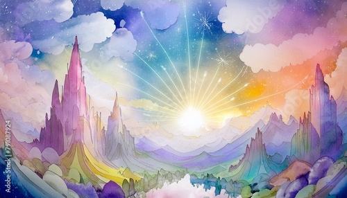 a colorful digital artwork with a central starburst effect, featuring pastel rays, stars