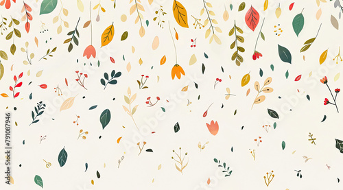 Botanical leafs, flowers and branches arranged in a random pattern on a soft, neutral background. Foliage and flora background.