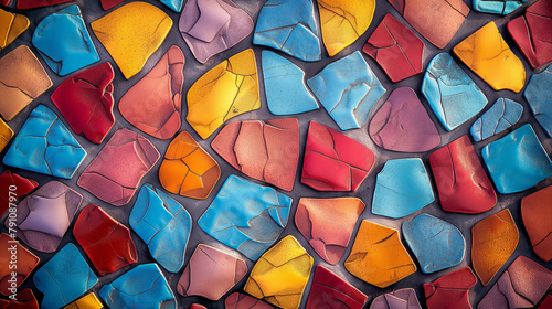 Background of multi-colored uneven and broken tiles photo