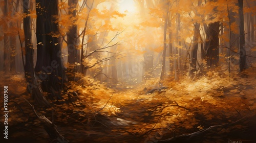 Autumn forest panorama with golden leaves and fog in the morning