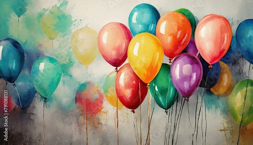 A painting featuring a collection of vibrant balloons displayed on a wall, showcasing a colo photo