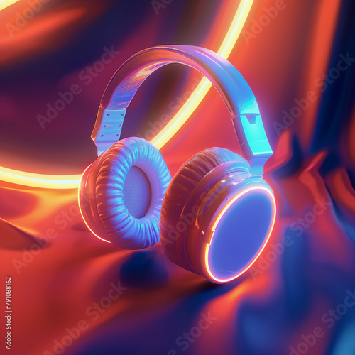 Headphones banner background. Headphones music creative poster. Digital raster illustration for concert poster, music album cover, advertising. AI artwork. photo