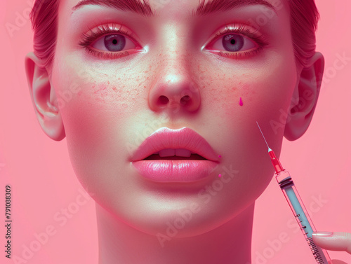 Primo piano del volto di una donna con una siringa vicino alla guancia su uno sfondo rosa, chirurgia plastica, botox photo