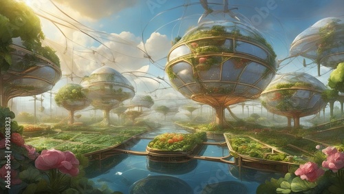 pond in a park _A futuristic scene with a network of floating vegetable gardens. The gardens are square and modular 