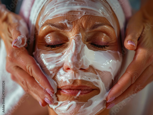 Close up mani di estetista applicando crema viso anti-invecchiamento sul viso della donna cliente per prevenire le rughe in salone spa. Cura della pelle, procedure cosmetiche per la cura del viso e co photo