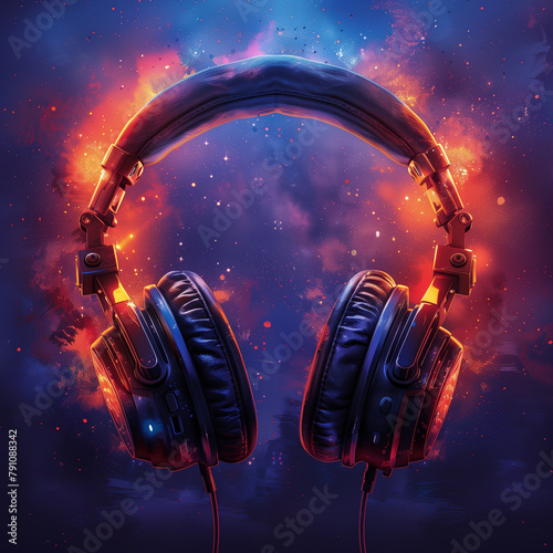 Headphones banner background. Headphones music creative poster. Digital raster illustration for concert poster, music album cover, advertising. AI artwork.