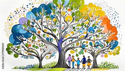An expansive watercolor mural for a community space illustrating a tree whose branches repre photo