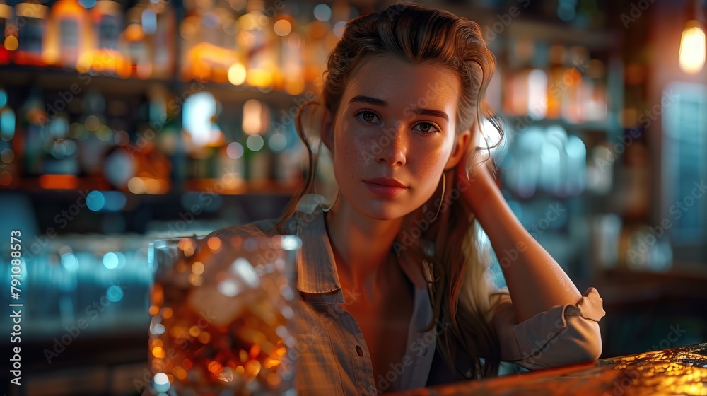 A thoughtful woman sits at a bar with a drink - obrazy, fototapety, plakaty 