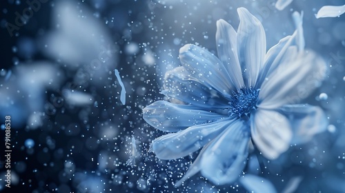 A blue flower is shown with water drops.