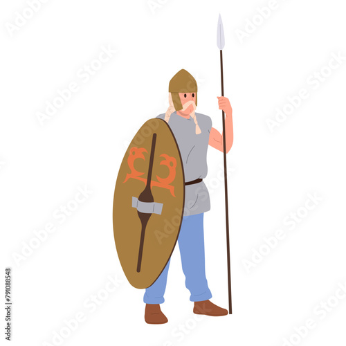 Obraz na plátně Gallic ancient warrior cartoon character holding spears and wooden shield flat v