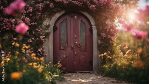 entrance to the garden a red door surrounded by flowers © Jared