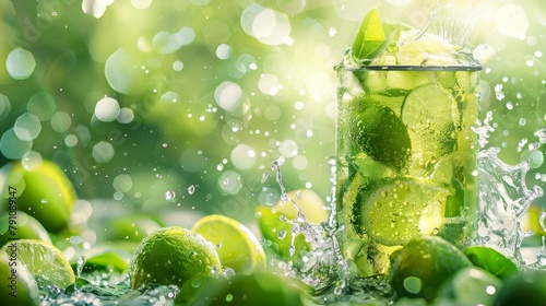 Lime drink in a can has lime fruit, splashing water, tea leaves, and ice cubes. It's the perfect mix of flavors that will cool you down on a hot summer day