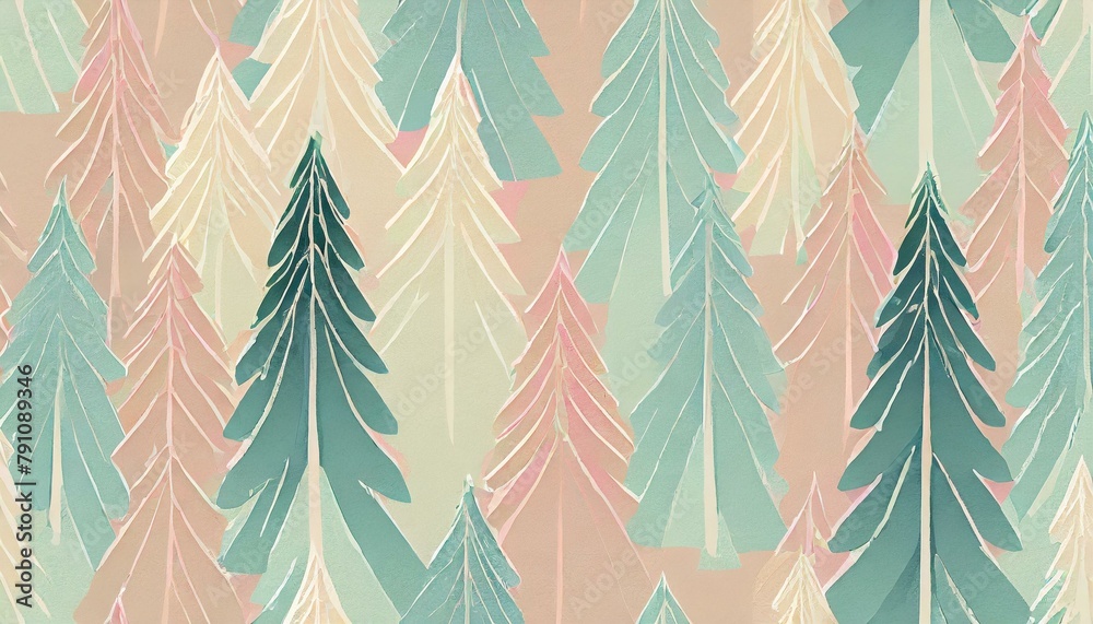 Merry and bright seamless pattern featuring flat Christmas trees.