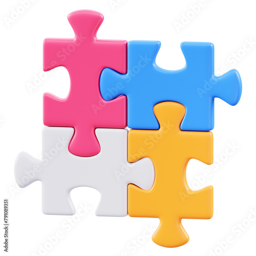 Colorful 3D puzzle pieces connected on a transparent background
