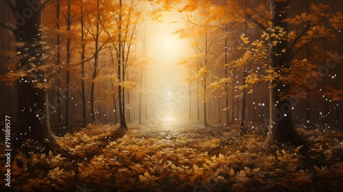 Autumn forest with fog and sun. Panoramic image.