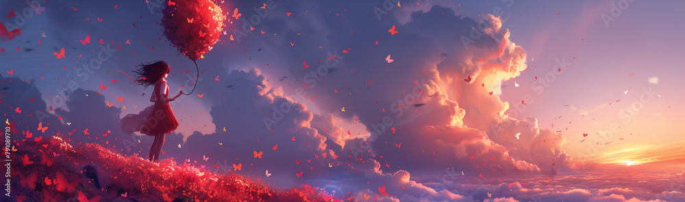 Girl Amidst the Whimsical Butterfly Sunset - obrazy, fototapety, plakaty 