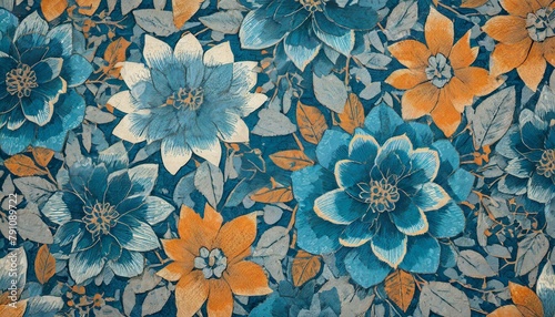 series of bluish and orangish flower drawings pattern