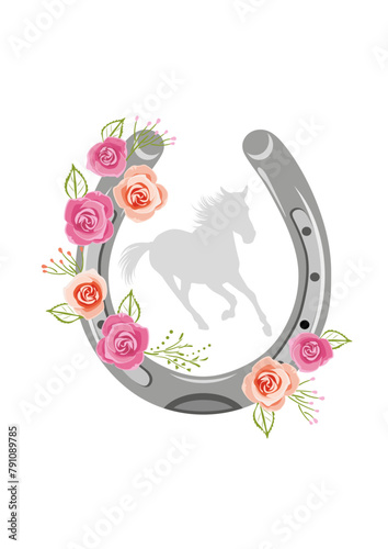 Stylized horseshoe with floral wreath