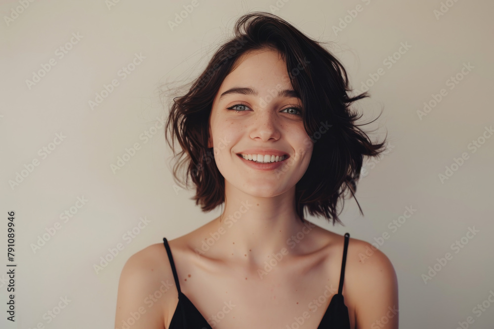 A woman with short hair smiles for the camera A woman with short hair smiles for the camera