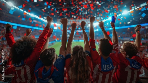 Fans with American symbols and the US flag at the stadium celebrate the victory. Emotions of victory. Crowd of people celebrating Independence Day, Football fans, Olympic Games. Sports competitions.