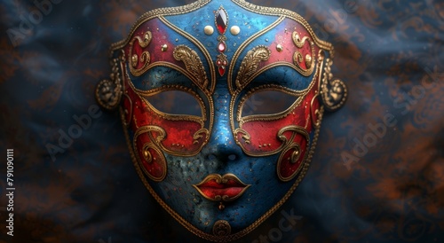 a closeup shot of a beautiful female mask with a red glitter © therealnodeshaper