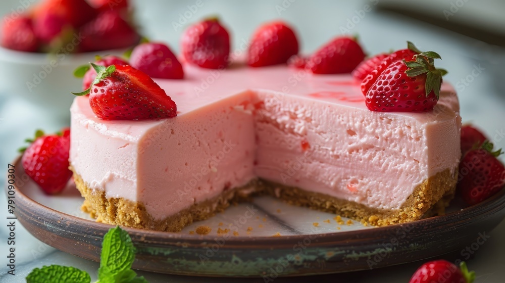 A strawberry cheesecake, sliced, on a plate with nearby strawberries A strawberry cheesecake, sliced, on a plate with nearby strawberries