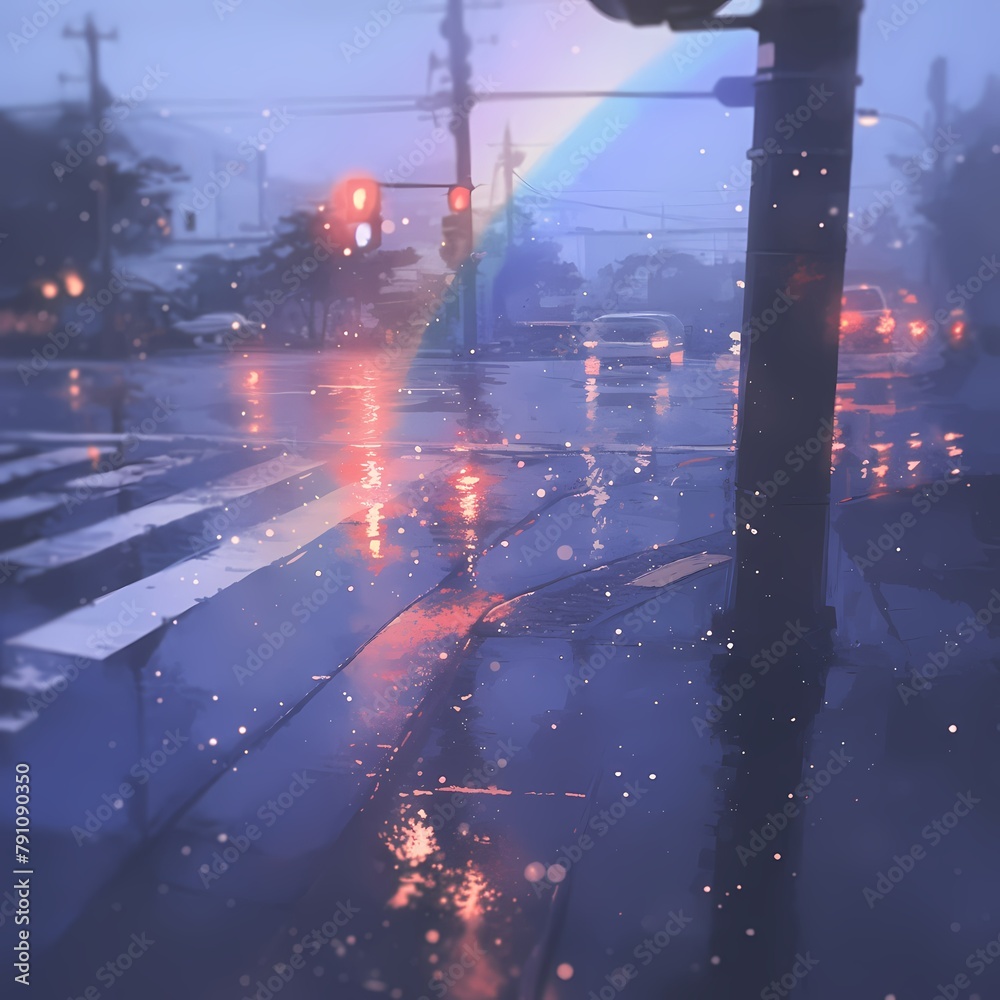 A picturesque scene of a wet city street illuminated by the sun's rays after a rain shower. The vibrant colors create a captivating atmosphere for this urban landscape.