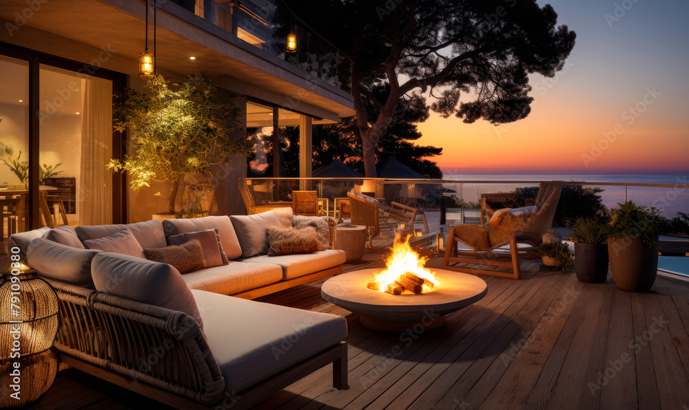 Fototapeta premium Luxurious oceanfront villa terrace with fireplace and patio set, enjoying stunning sunset views over the sea