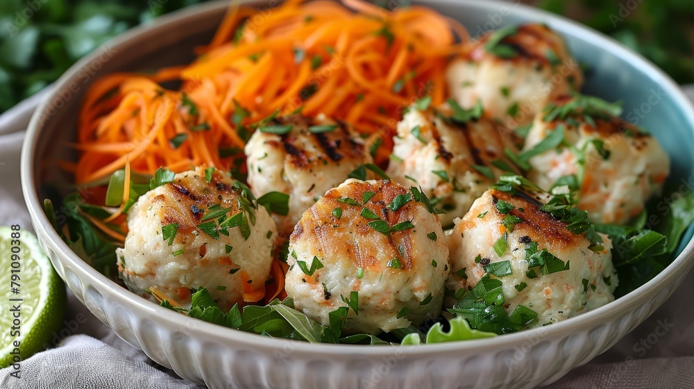 A tight shot of a bowl brimming with meatballs and vegetables atop a lettuce and carrot bed A tight shot of a bowl brimming with meatballs and vegetables atop a lettuce and carrot bed
