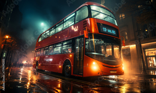Iconic Red Double-Decker Bus Glides Through Illuminated City Streets at Night