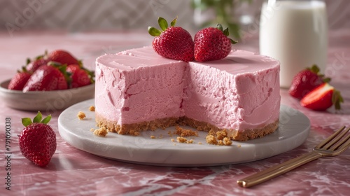   A tight shot of a cake slice on a plate  topped with strawberries Background includes a glass of milk