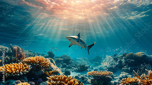 Ocean floor underwater seascape with shark reef