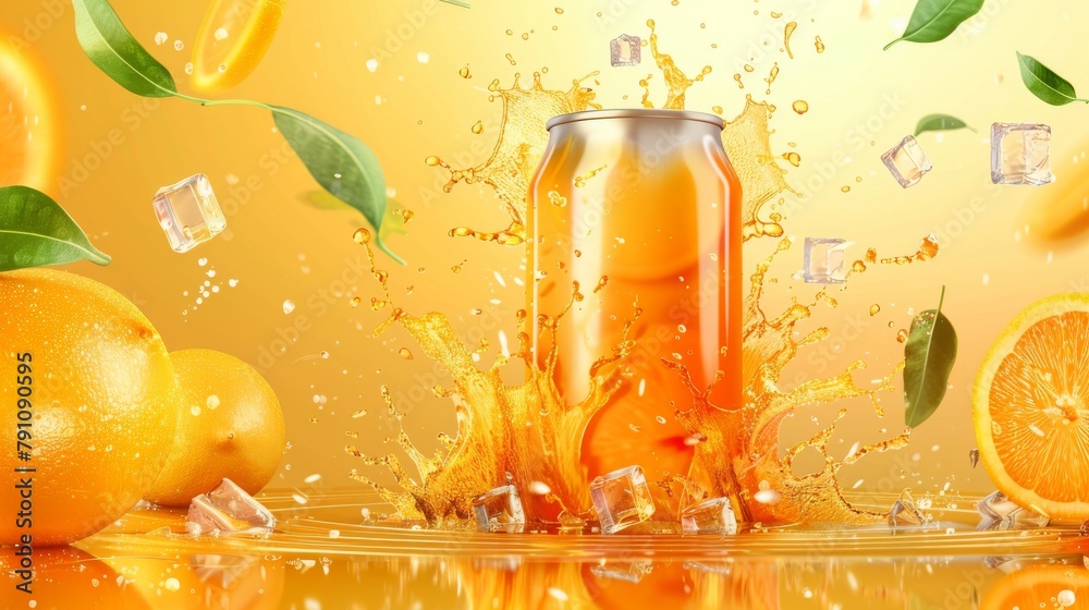 An orange juice can with a burst of juicy liquid and ice cubes. Perfect for a refreshing lemonade or fruit soda ad - obrazy, fototapety, plakaty 