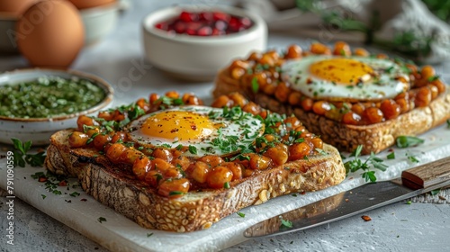  Two toasted sandwiches, topped with eggs and garnished with parsley A knife and cutting board are present, along with a bowl of eggs in the background