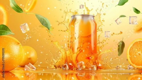 An orange juice can with a burst of juicy liquid and ice cubes. Perfect for a refreshing lemonade or fruit soda ad