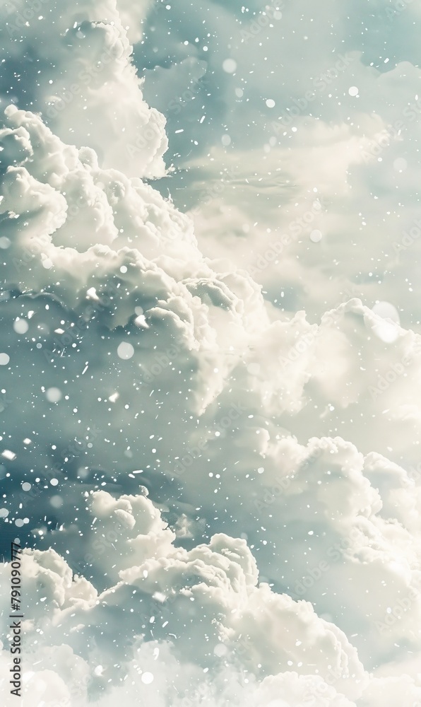 A serene image of fluffy clouds with snowflakes gently falling A serene image of fluffy clouds with snowflakes gently falling