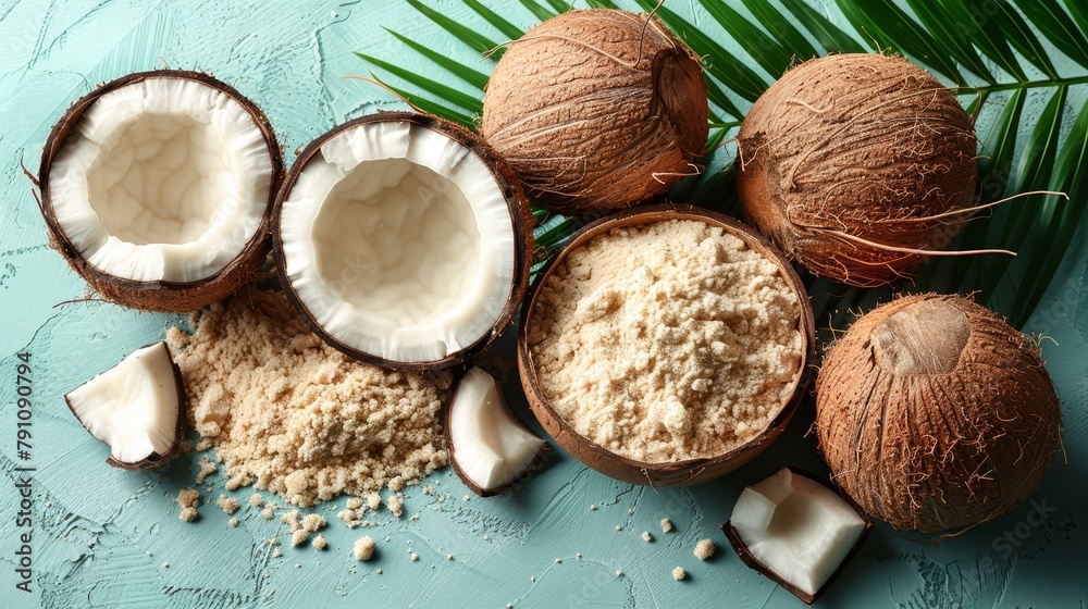A table holds several whole coconuts and two halved ones A table holds several whole coconuts and two halved ones