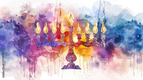 A vibrant watercolor painting of a lit candelabra © StasySin
